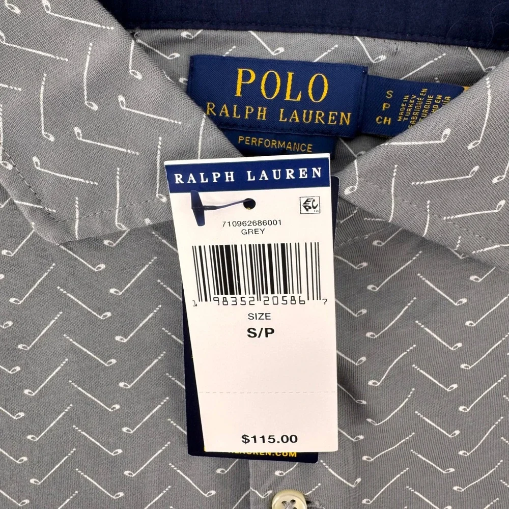 Polo Ralph Lauren Golf Shirt Mens S Grey Performance Golf Club Print Polo